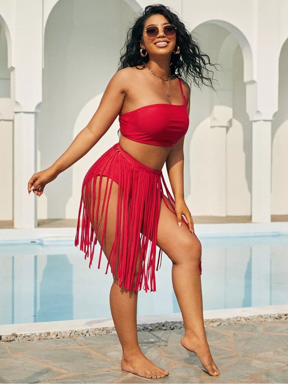 Red Fringe High-Waist Bikini 3 piece set NWOT 2XL